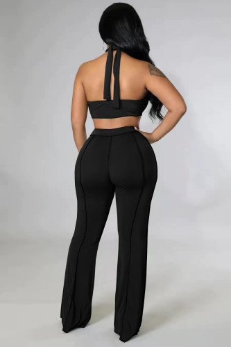 Sexy Black Halter Wrapped Top and Wide Leg Suit