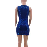 Summer Blue Sequin Casual U Neck Sleeveless Mini Dress