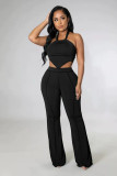 Sexy Black Halter Wrapped Top and Wide Leg Suit