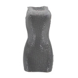 Summer Grey Sequin Casual U Neck Sleeveless Mini Dress