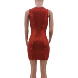 Summer Red Sequin Casual U Neck Sleeveless Mini Dress
