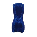 Summer Blue Sequin Casual U Neck Sleeveless Mini Dress