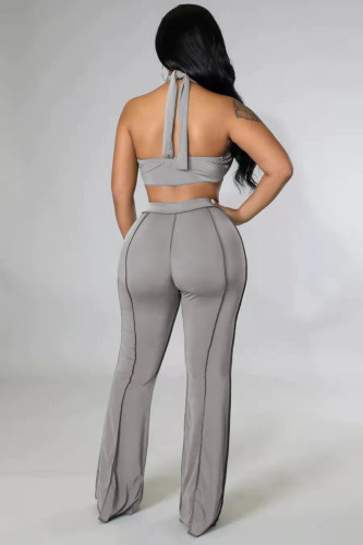 Sexy Grey Halter Wrapped Top and Wide Leg Suit