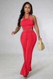 Sexy Red Halter Wrapped Top and Wide Leg Suit