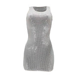 Summer Silver Sequin Casual U Neck Sleeveless Mini Dress