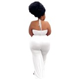 Solid Color White Ruffled Halter One Piece Sexy Backless Jumpsuit