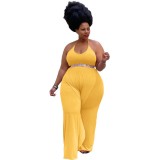 Solid Color Yellow Ruffled Halter One Piece Sexy Backless Jumpsuit