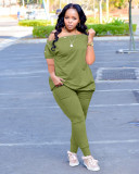 2022 Summer Loose Army Green Slanted Shoulder Breasted Shirring Two Pieces Sets