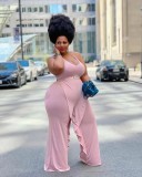 Solid Color Pink Ruffled Halter One Piece Sexy Backless Jumpsuit