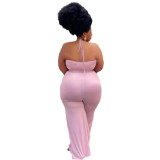 Solid Color Pink Ruffled Halter One Piece Sexy Backless Jumpsuit