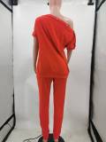 2022 Summer Loose Red Slanted shoulder Breasted Shirring Two Pieces Sets