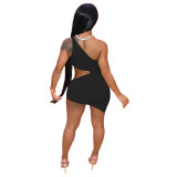 Black One Shoulder Sexy Women Dress Hollow Button Skinny Tank Bodycon Clubwear