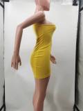 Yellow One Shoulder Sexy Women Dress Hollow Button Skinny Tank Bodycon Clubwear