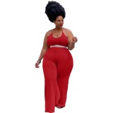 Solid Color Red Ruffled Halter One Piece Sexy Backless Jumpsuit