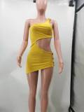 Yellow One Shoulder Sexy Women Dress Hollow Button Skinny Tank Bodycon Clubwear