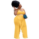 Solid Color Yellow Ruffled Halter One Piece Sexy Backless Jumpsuit
