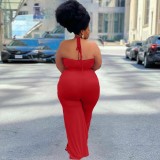 Solid Color Red Ruffled Halter One Piece Sexy Backless Jumpsuit