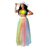 Sexy Printed Gradient Colorful Wrap Mesh Long Hakama Skirt Two Piece Set