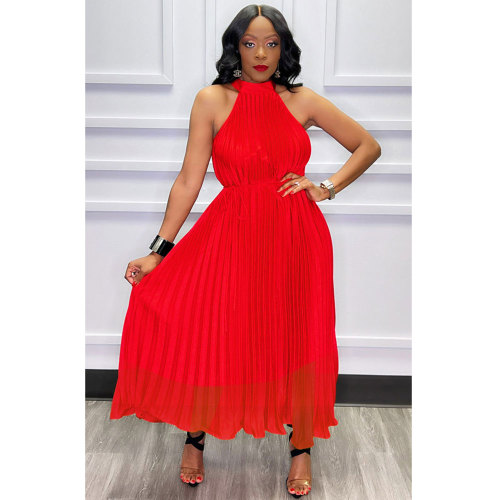 Summer Red Chiffon Double Tie Sleeveless Long Pleated Dress