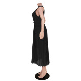 Summer Black Chiffon Double Tie Sleeveless Long Pleated Dress