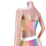 Sexy Printed Gradient Colorful Wrap Mesh Long Hakama Skirt Two Piece Set