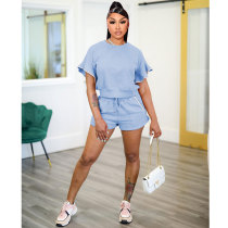 Blue Loose Short Sleeve Casual Two Piece Short Set