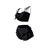 Summer Black Two Piece Ruffle Straps Wrap Top & Shorts with Hidden Zipper