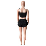 Summer Black Two Piece Ruffle Straps Wrap Top & Shorts with Hidden Zipper