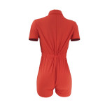 Solid Color Cotton Stitching One Piece Short Sleeve  Printed Rompers with Double Pockets