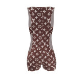 Coffee High Waist Sexy Print Sleeveless One Piece Rompers with Hollow Out