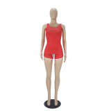 Red Sexy Solid Color Tank Top Shorts Set Yoga Outfits