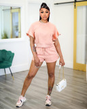 Pink Loose Short Sleeve Casual Two Piece Short Set