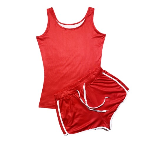 Red Sexy Solid Color Tank Top Shorts Set Yoga Outfits