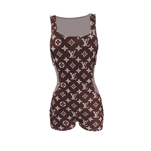 Coffee High Waist Sexy Print Sleeveless One Piece Rompers with Hollow Out