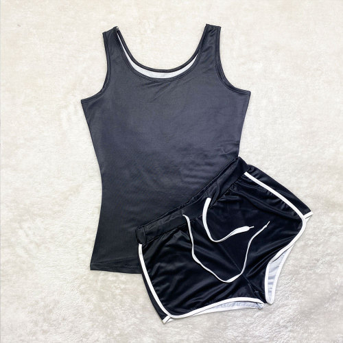 Black Sexy Solid Color Tank Top Shorts Set Yoga Outfits