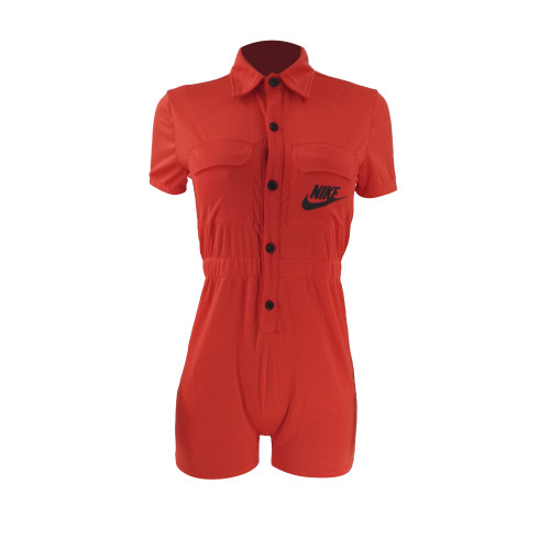 Solid Color Cotton Stitching One Piece Short Sleeve  Printed Rompers with Double Pockets