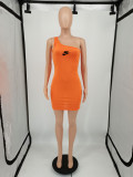 Casual Orange One Shoulder Sleeveless Printed Short Bodycon Dress