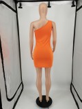 Casual Orange One Shoulder Sleeveless Printed Short Bodycon Dress