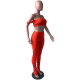 Sexy Red Sling Wrap Crop Top Pleated Wrinkled Trousers Two Piece