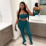 Sexy Green Sling Wrap Crop Top Pleated Wrinkled Trousers Two Piece