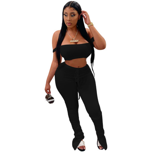 Sexy Black Sling Wrap Crop Top Pleated Wrinkled Trousers Two Piece