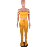 Sexy Yellow Sling Wrap Crop Top Pleated Wrinkled Trousers Two Piece