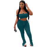 Sexy Green Sling Wrap Crop Top Pleated Wrinkled Trousers Two Piece