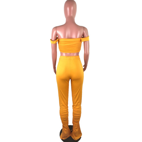 Sexy Yellow Sling Wrap Crop Top Pleated Wrinkled Trousers Two Piece