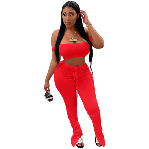 Sexy Red Sling Wrap Crop Top Pleated Wrinkled Trousers Two Piece