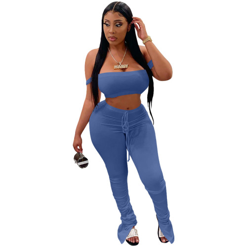 Sexy Blue Sling Wrap Crop Top Pleated Wrinkled Trousers Two Piece