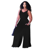 Solid Color Black Pockets Nightclub Straps Jumpsuit with Wide Leg