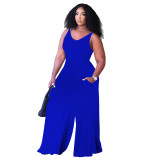 Solid Color Blue Pockets Nightclub Straps Jumpsuit with Wide Leg