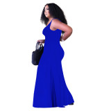 Solid Color Blue Pockets Nightclub Straps Jumpsuit with Wide Leg
