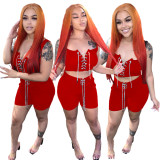 Solid Color Casual Red Sleeveless Women's Clothing Pit Lace Up Two Piece Shorts Set